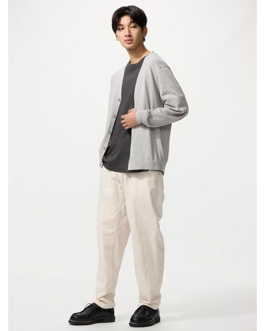 Uniqlo White Linen Blend Relaxed Trousers for men