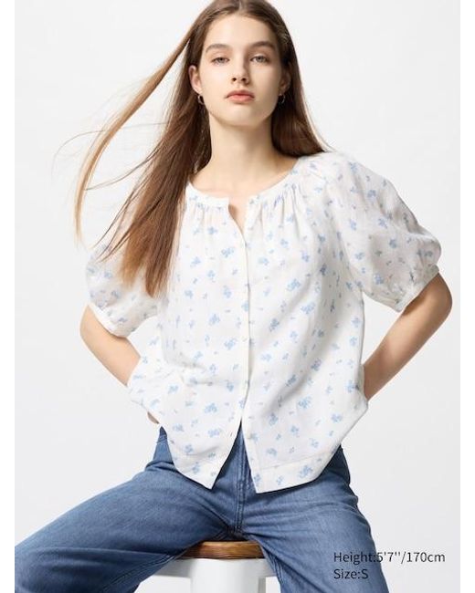 Camisa Lino Mezcla Volumen (Estampada) Uniqlo de color White