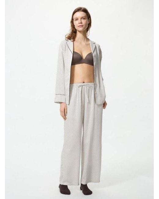 Uniqlo White Satin Pyjamas (Printed, Long Sleeve)