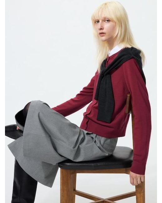 Uniqlo Red 100% Merino Crew Neck Cardigan