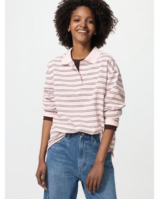 Uniqlo White Polo Shirt (Striped, Long Sleeve)