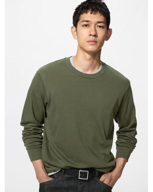 Uniqlo Green Soft Brushed Crew Neck T-Shirt (Long Sleeve) for men