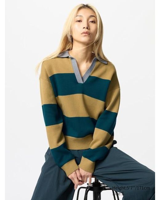 Maglione Cotone Con Colletto A Righe di Uniqlo in Blue