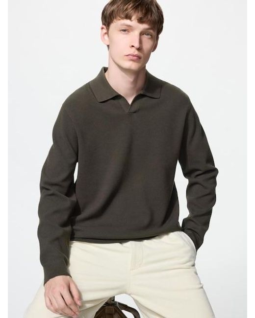 Uniqlo Gray Washable Milano Ribbed Skipper Polo Jumper for men