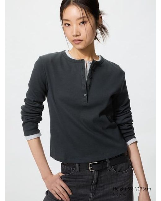 Uniqlo Gray Ribbed Henley Neck Long Sleeve T-Shirt