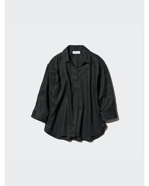 Uniqlo Black 100% Premium Linen Skipper Collar Shirt (3/4 Sleeve)