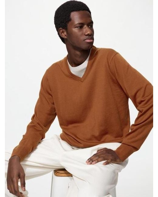 Uniqlo Brown 100% Merino V Neck Jumper for men