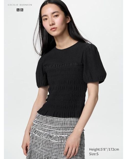 Uniqlo Black Shirring Volume Sleeve T-Shirt