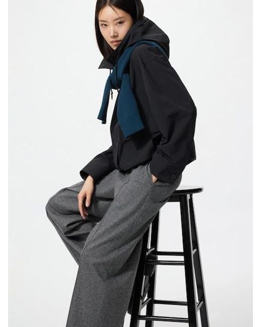 Uniqlo Blue Brushed Jersey Wide Trousers (Herringbone, Longer)