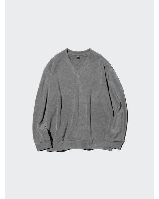 Uniqlo Gray Ribbed Knit Fleece V Neck T-Shirt