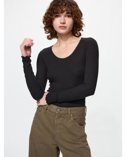 Uniqlo Black Heattech Extra Warm Cashmere Blend Ribbed Crew Neck T-Shirt