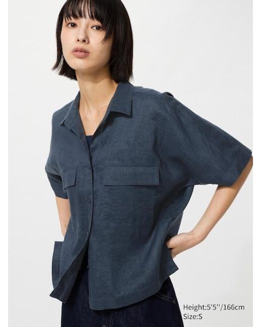 Uniqlo Blue 100% Premium Linen Skipper Collar Shirt (Boxy)