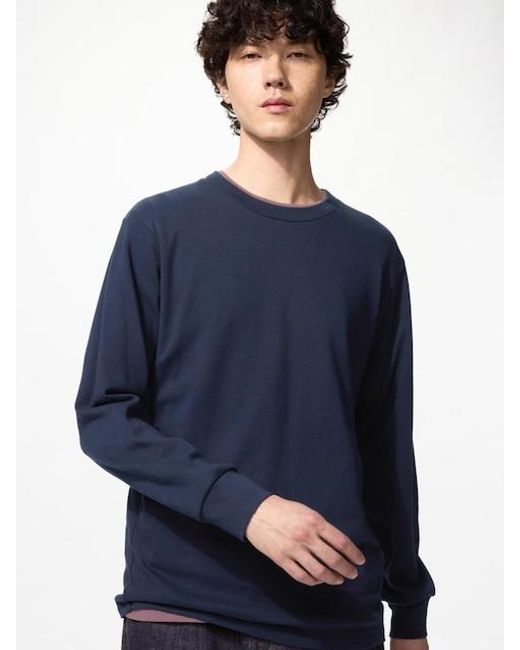 Uniqlo Blue Soft Brushed Crew Neck T-Shirt (Long Sleeve) for men