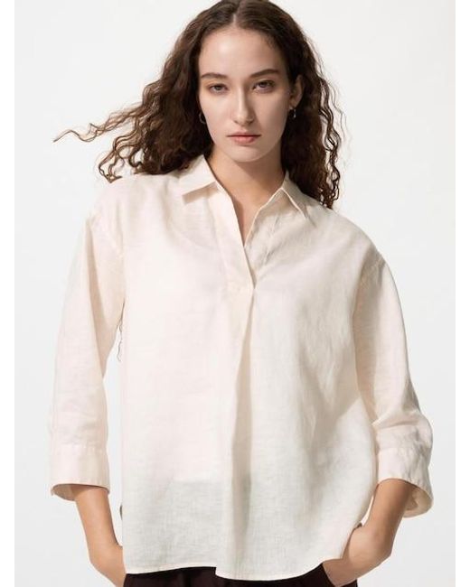 Uniqlo White 100% Premium Linen Skipper Collar Shirt (3/4 Sleeve)