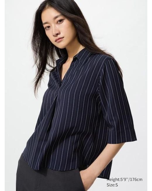 Uniqlo Blue Rayon Skipper Collar Blouse (3/4 Sleeve, Striped)