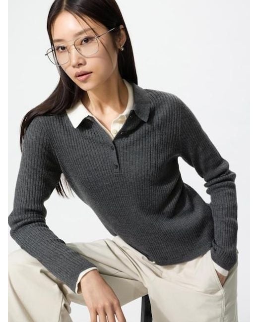 Uniqlo Black 3D Knit Seamless Merino Blend Ribbed Polo Jumper