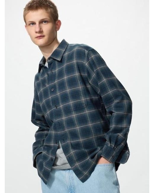 Uniqlo Blue Flannel Shirt (Regular Collar, Checked) for men