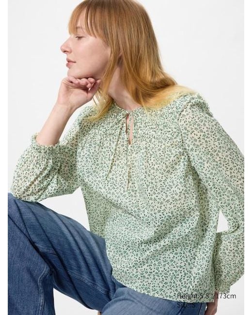 Uniqlo Green Light Cotton Shirring Blouse