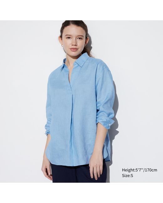 Uniqlo Blue 100 % premium leinen 3/4-arm bluse mit skipperkragen