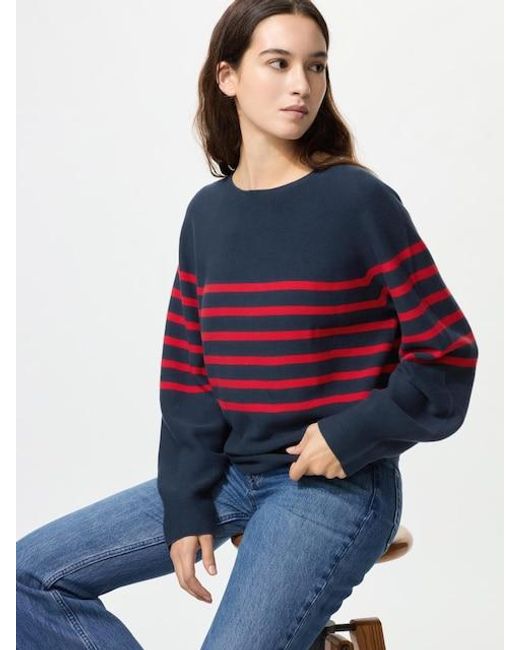 Uniqlo Blue 3D Knit Seamless Cotton Crew Neck Volume Sleeve Jumper (Striped)