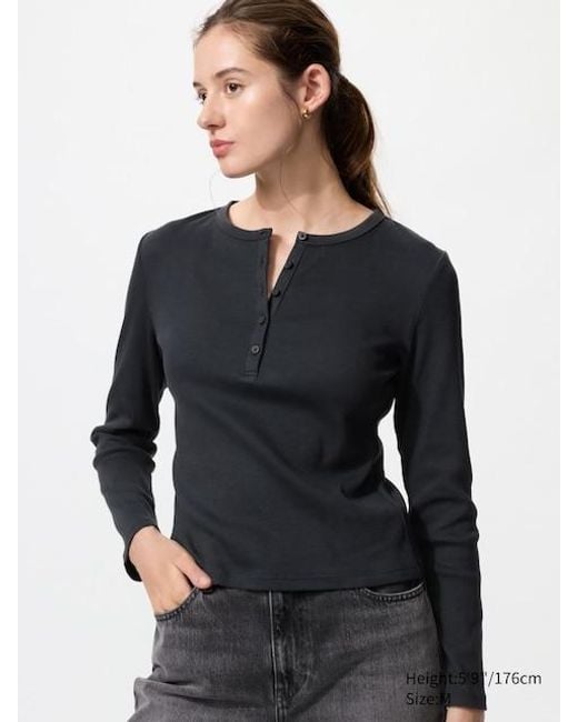 Uniqlo Black Ribbed Henley Neck T-Shirt (Long Sleeve)