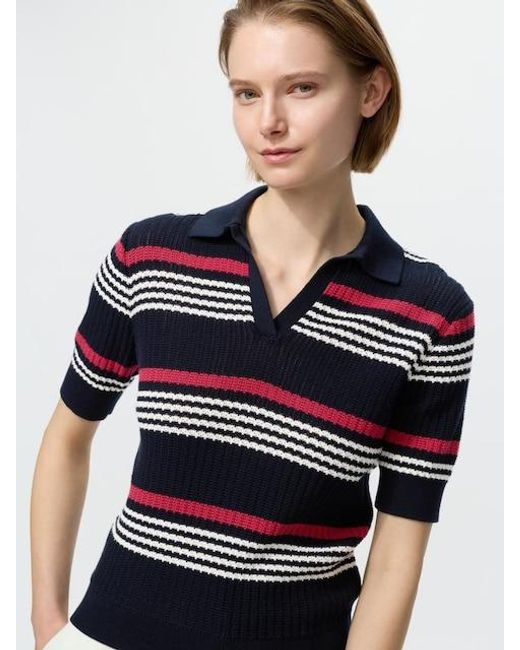 Uniqlo Blue Cotton Pointelle Skipper Polo Jumper (Short Sleeve, Striped)