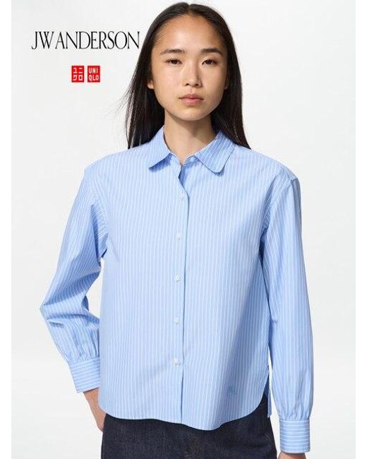 Uniqlo Blue Cotton Volume Sleeve Shirt (Striped)