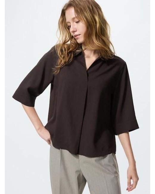 Uniqlo Black Rayon Skipper Collar Blouse (3/4 Sleeve)