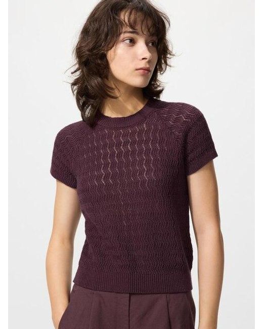 Uniqlo Purple Textured Linen Crew Neck Jumper (Short Sleeve)