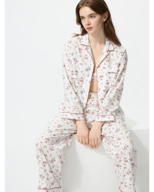 Uniqlo White Cotton Pyjamas (Printed, Long Sleeve)