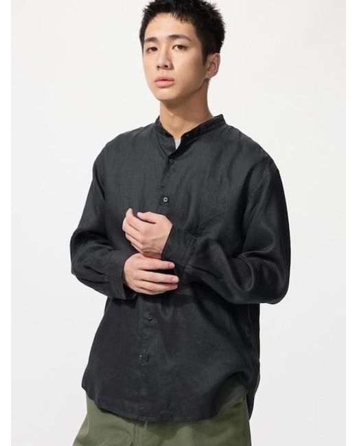 Uniqlo Black 100% Premium Linen Shirt (Stand Collar) for men