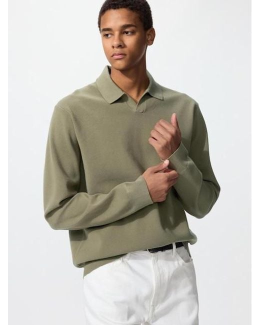 Uniqlo Green Washable Milano Ribbed Skipper Polo Jumper for men