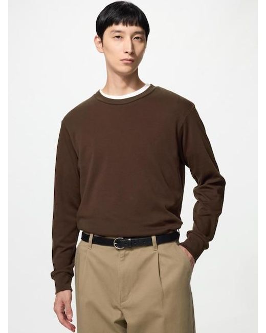Uniqlo Brown Soft Brushed Crew Neck T-Shirt (Long Sleeve) for men