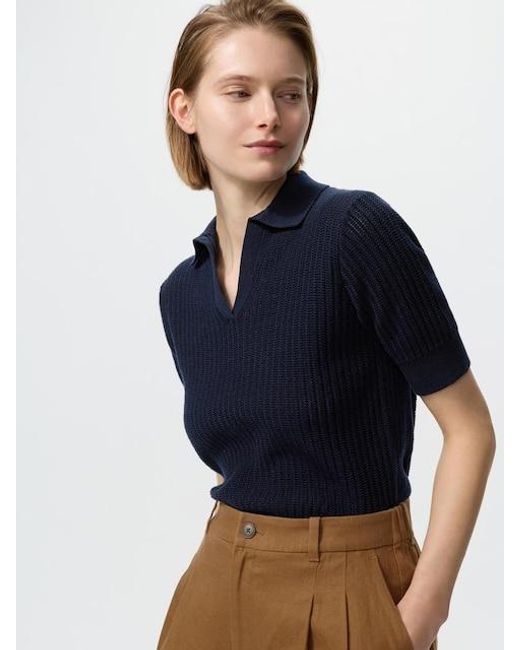 Uniqlo Blue Cotton Pointelle Skipper Polo Jumper (Short Sleeve)