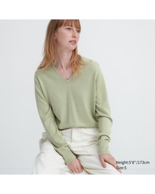 Uniqlo Green 100 % extra feine merinowolle pullover mit v-ausschnitt