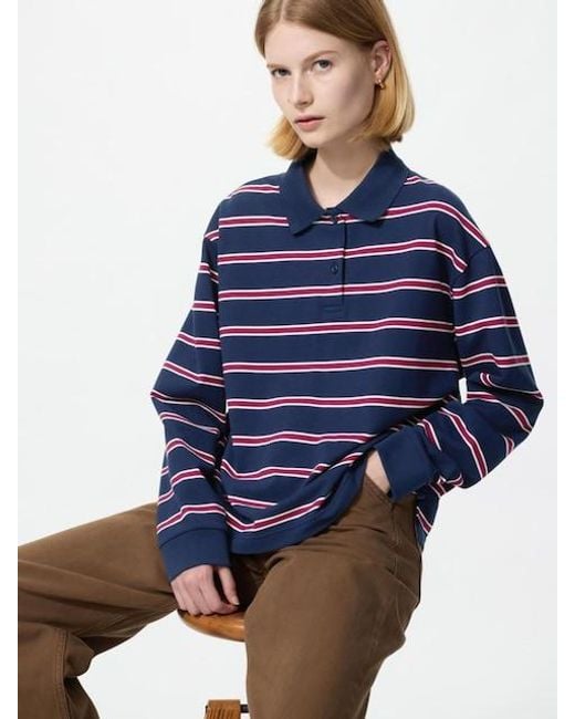 Uniqlo Blue Polo Shirt (Striped, Long Sleeve)