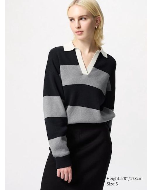 Maglione Cotone Con Colletto A Righe di Uniqlo in Black