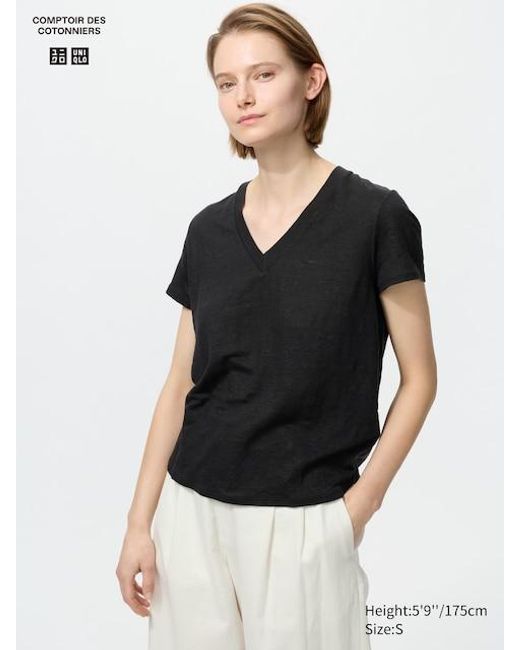 Uniqlo Black Linen V Neck T-Shirt