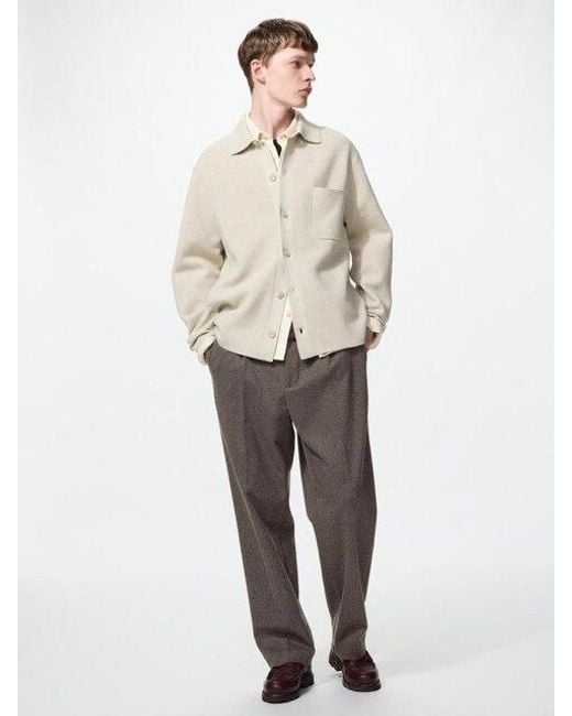 Uniqlo White Pleated Wide Trousers (Brushed Jersey, Homespun) for men