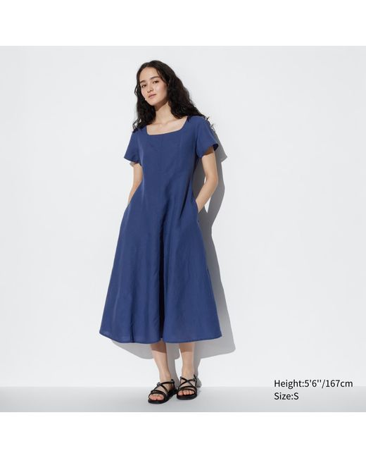 Uniqlo Blue Leinenmix kurzarm kleid mit karree-ausschnitt