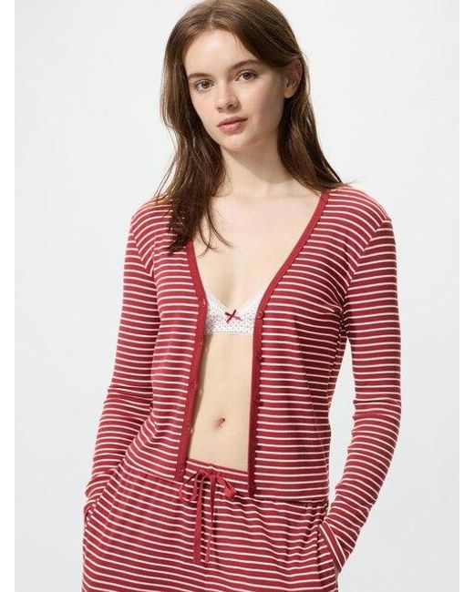 Uniqlo Red Ribbed V Neck Cardigan (Striped)