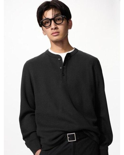 Uniqlo Black Waffle Henley Neck T-Shirt (Long Sleeve) for men