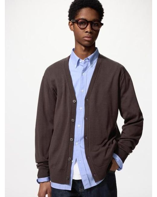 Uniqlo Brown 100% Merino V Neck Cardigan for men