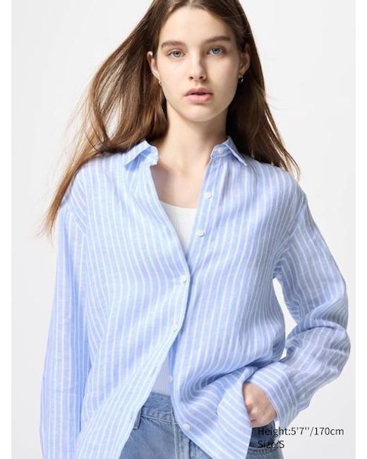Uniqlo Blue 100% Premium Linen Shirt (Striped)