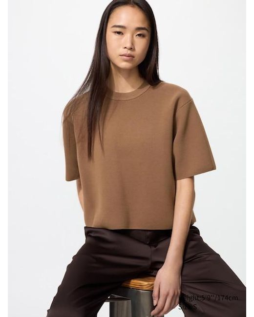 Maglione Maglia Strutturata A Coste Maniche Corte di Uniqlo in Brown