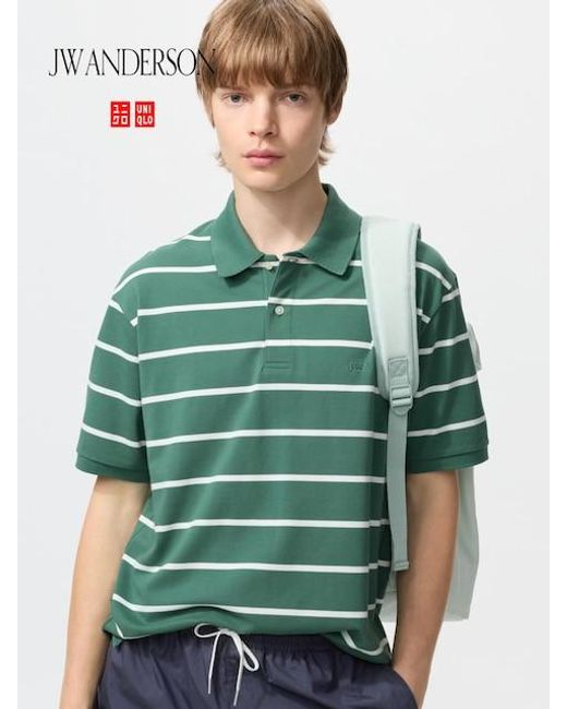 Uniqlo Green Dry Piqué Polo Shirt (Wide Striped) for men