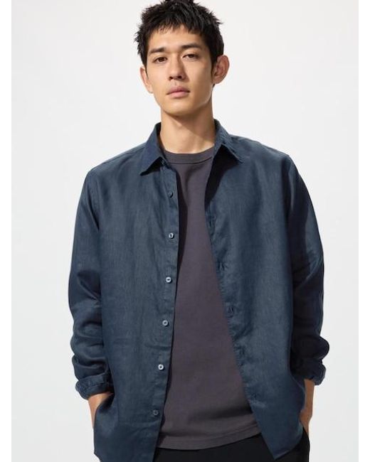 Uniqlo Blue 100% Premium Linen Shirt for men