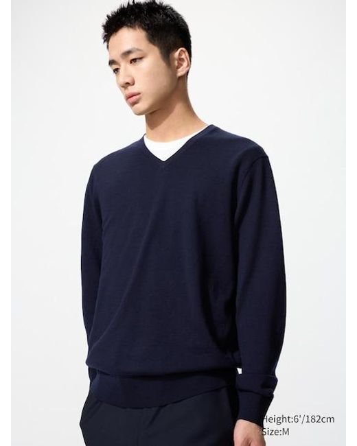 Uniqlo Blue 100% Merino V Neck Jumper for men