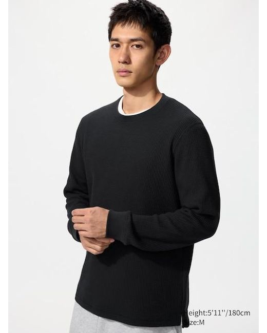 Uniqlo Black Waffle Crew Neck T-Shirt (Long Sleeve) for men