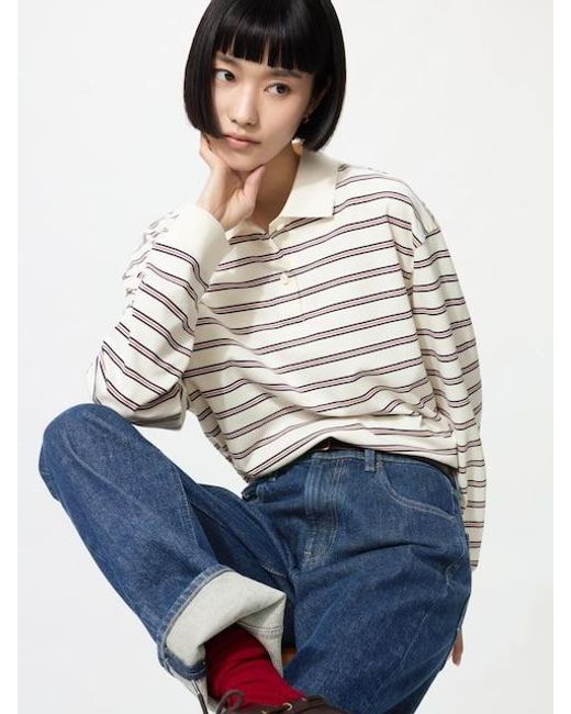 Uniqlo Blue Polo Shirt (Striped, Long Sleeve)
